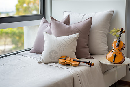 飘窗床边的小提琴图片