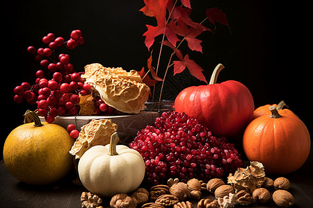 水果插画秋天的坚果和南瓜背景