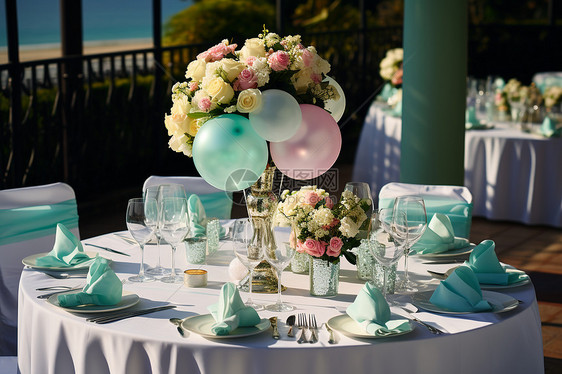 招待会餐桌上的气球鲜花图片