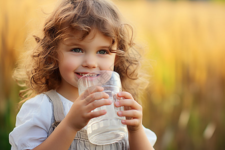阳光下喝水的小女孩图片