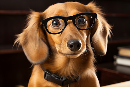 可爱的狗狗戴着眼镜坐在书桌上图片