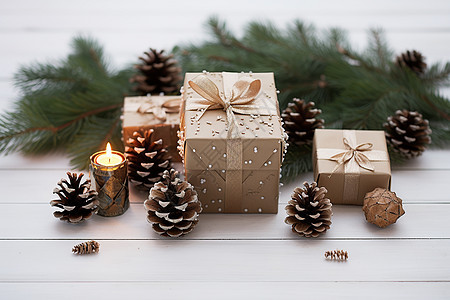 圣诞礼盒和松塔图片