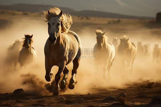 沙漠中一群野马奔跑图片