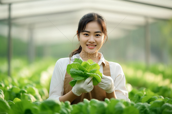 大棚里拿着蔬菜的女人图片