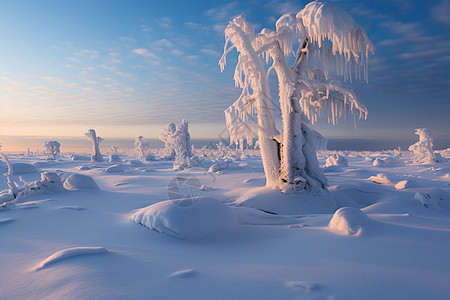 雪地上被冰封的树图片