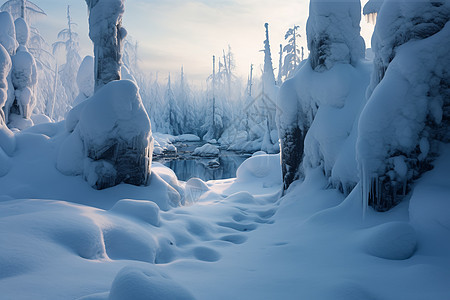 树林雪地上的脚印背景图片