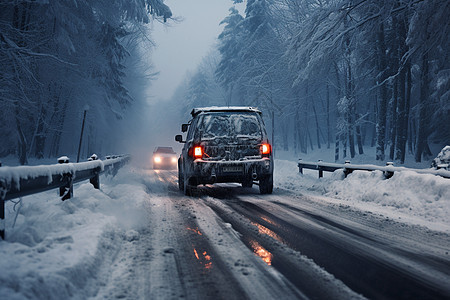 冰雪中行驶的汽车图片