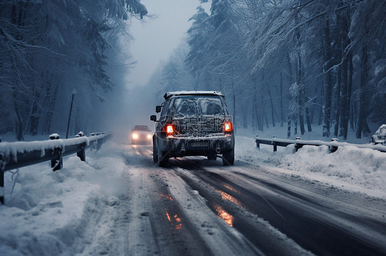 冰雪中行驶的汽车图片