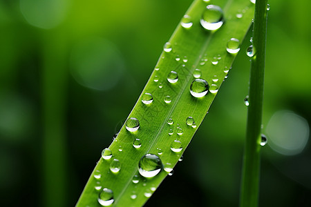 清晨的雨滴挂在绿叶上图片