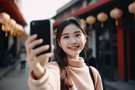 青年女子在街头拍照图片