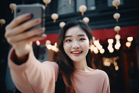 女孩站在城市街头自拍背景图片