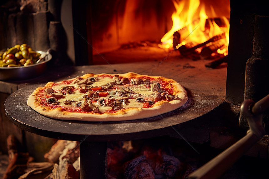 美味的披萨在炉子上图片