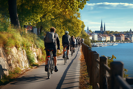 城市街道上的自行车队伍图片