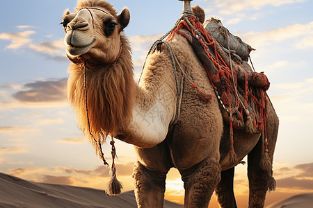 双峰驼在沙漠中背着鞍具行走图片