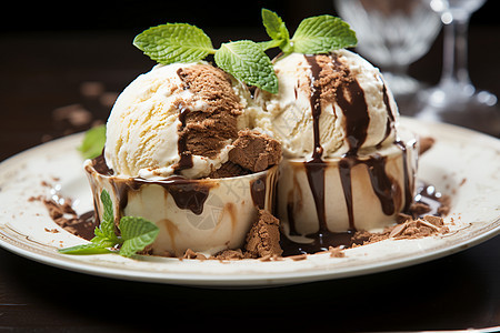 冰淇淋盘中加上巧克力酱图片