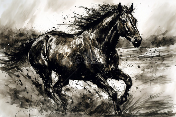 黑马在河流里奔跑图片