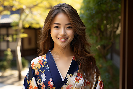 日本女子在户外树下微笑图片