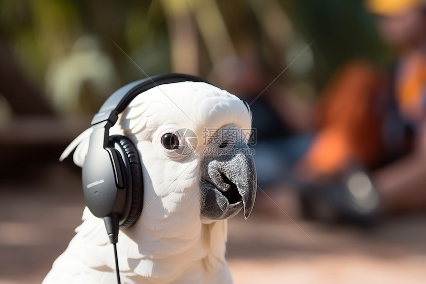 白色鹦鹉戴着耳机图片