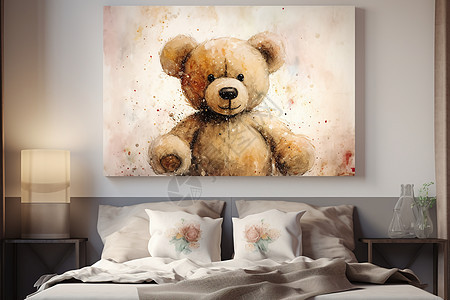 床头的泰迪熊油画图片