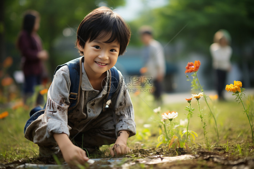 花草丛的男孩图片