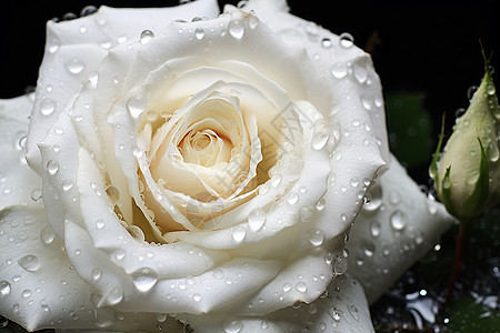 水滴洒在白色玫瑰花瓣上图片