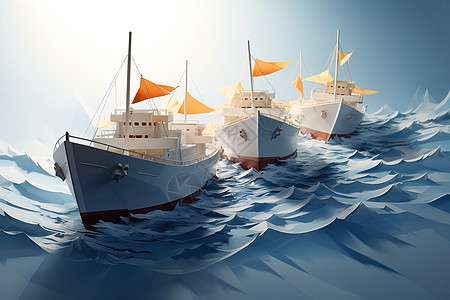 三艘帆船在海洋中漂浮图片