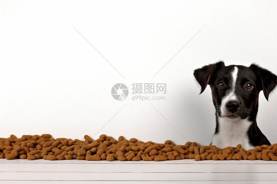 黑白宠物狗吃狗粮图片