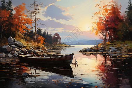 湖畔夕阳下的小船图片