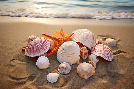 沙滩上一堆贝壳图片