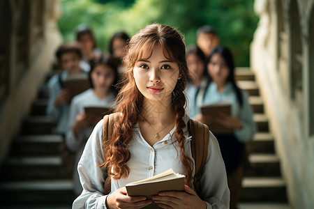 大学女生在楼梯前看书图片