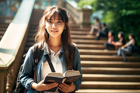 学校女生微笑地站在楼梯旁读书图片