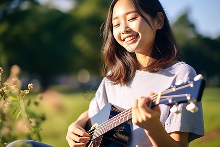 开心的女孩在公园里弹吉他图片