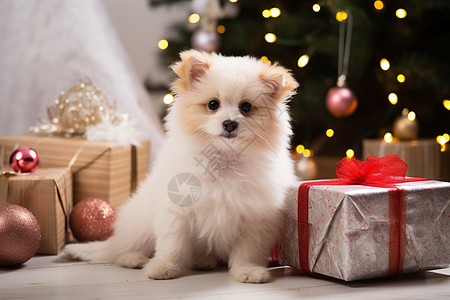 圣诞树旁的小白狗和礼物盒图片