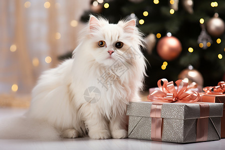 白猫依偎在圣诞树旁边图片