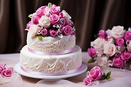 粉色花朵的婚礼蛋糕图片