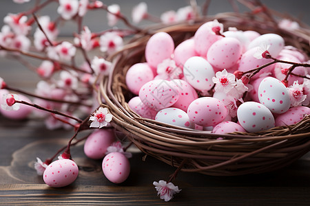 粉白彩蛋装满篮子背景图片