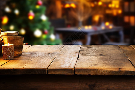 圣诞夜里的木头桌子图片