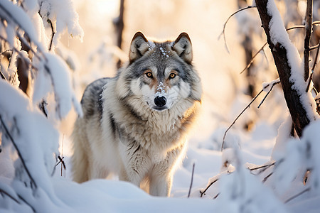 白色狼站在雪地里图片