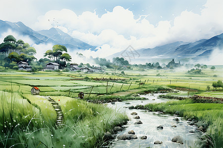 美丽的水彩插图：稻田乡村中的牛耕劳动高清图片