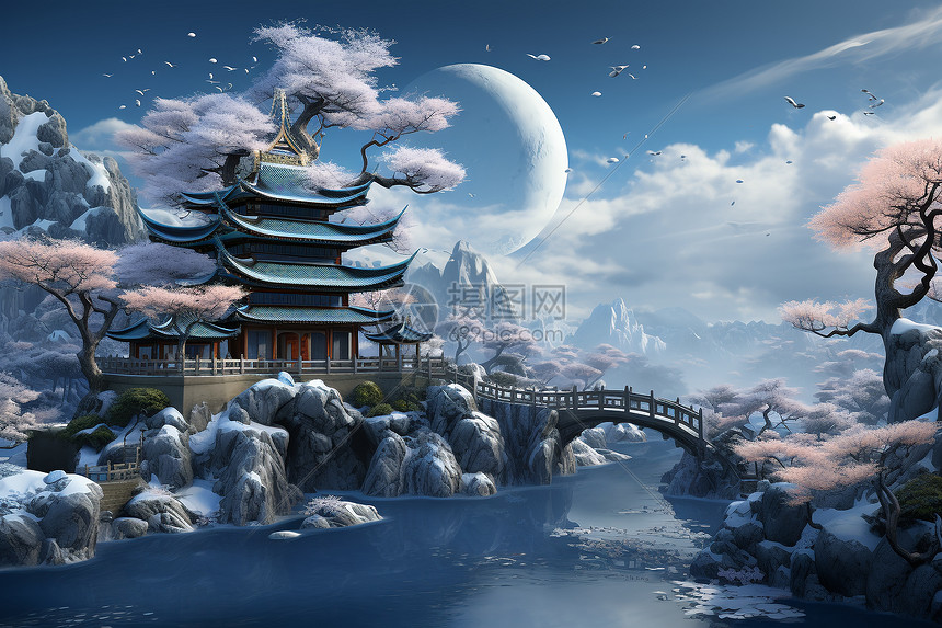 中式建筑风景艺术插画图片