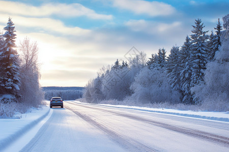 行驶在冬季森林的汽车图片