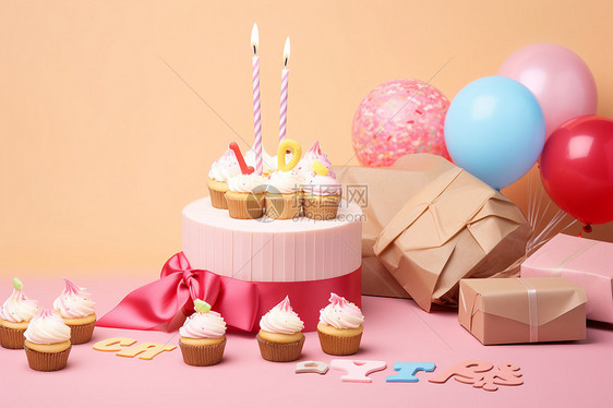 粉色蛋糕和气球图片