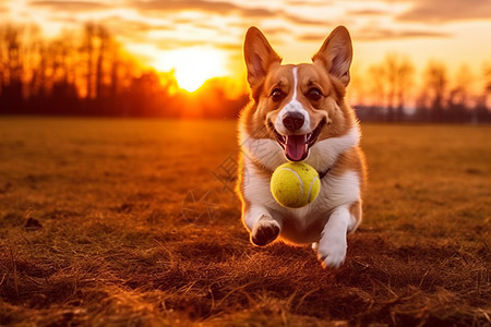 欢乐玩球的柯基犬图片