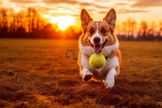 欢乐玩球的柯基犬图片