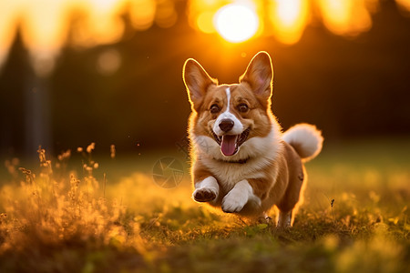 柯基犬草坪上奔跑的宠物狗狗背景