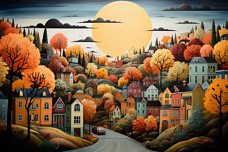 风景如画的秋日城市插图图片