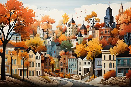 创意艺术的秋日城市插图图片