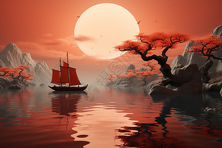 中式意境的湖泊船只插图图片