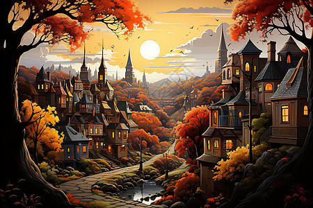 秋天的卡通小镇插图图片