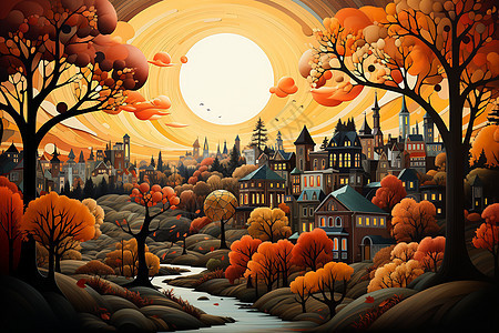 古朴的秋日小镇插图图片
